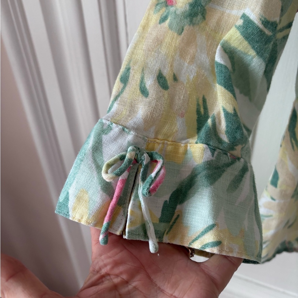 JM Collection Women’s 100% Linen 3/4 Sleeve Button Front Floral Pink /Green Top - Picture 3 of 9